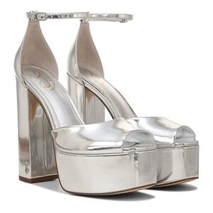 NWOT Sam Edelman Kori Silver Chrome Platform Sandals Peep Toe Chunky Heel Heels